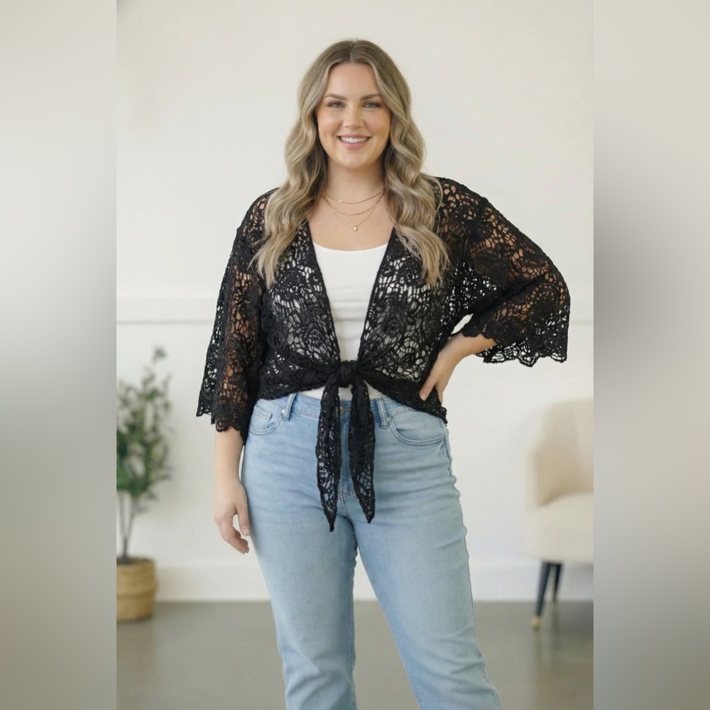 Crochet Tie-Front Kimono Shrug - Black - Picture 6 of 8